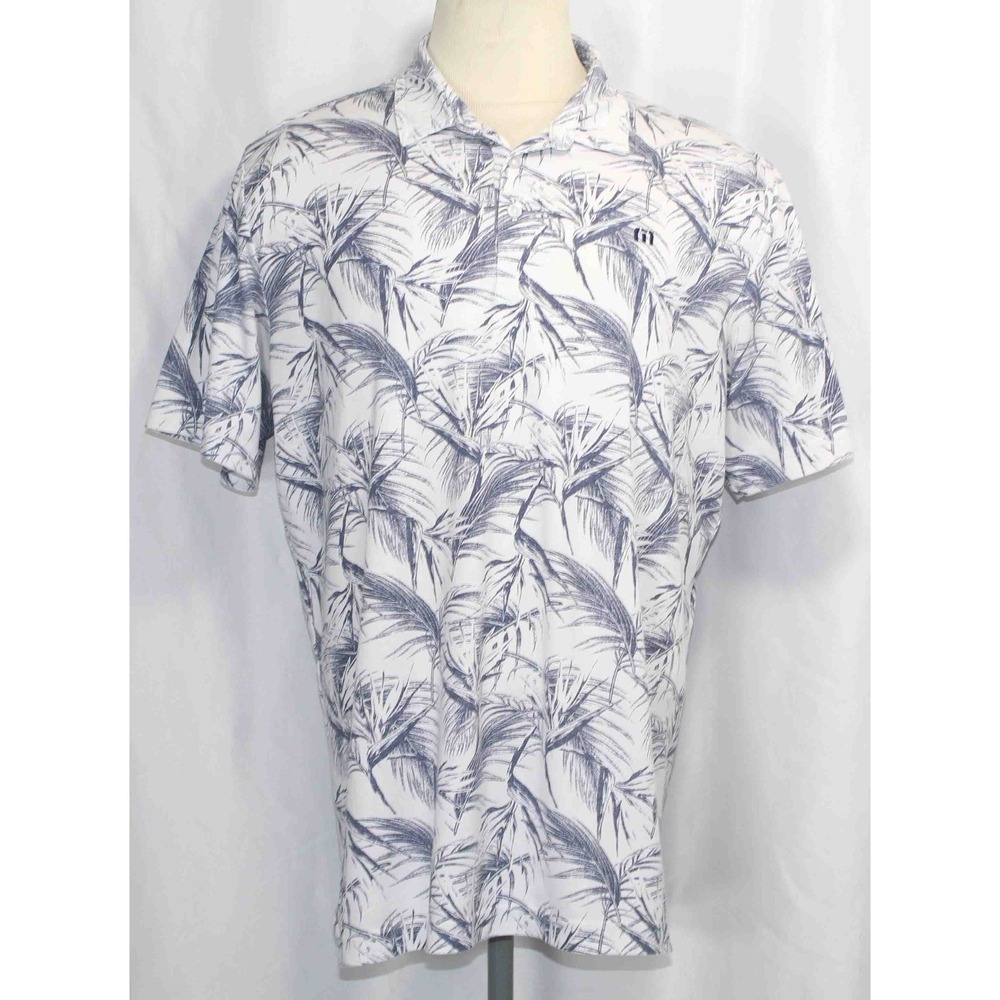 Travis Mathew Around the Bay White Blue Aloha Print Golf Polo Shirt Mens Sz 2XL